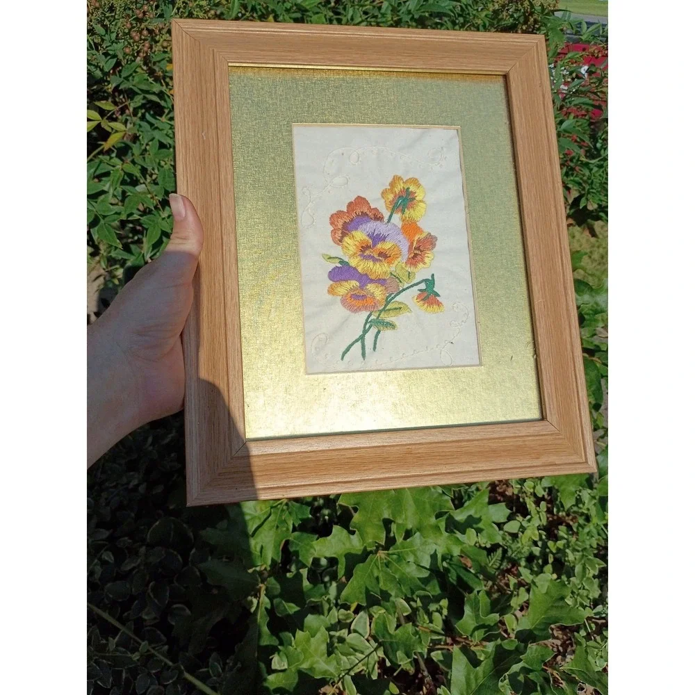 Framed Dolie, Hanky Needlepoint Pansies Flower Wood Framed 12x11 Cottage Core